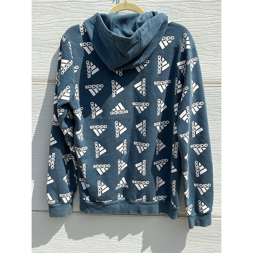 Adidas Hoodie Mens Medium Blue Logo Graphic Fleece Pullover Allover Print Sport - Picture 4 of 4